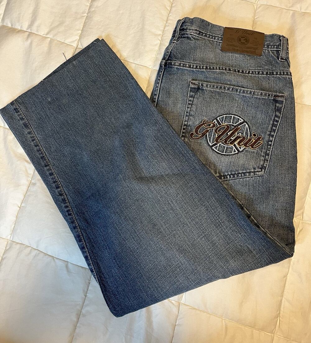 G-Unit Baggy Cut 38x29 Blue Jeans Distressed Y2k Vintage Hip Hop Skater Read!